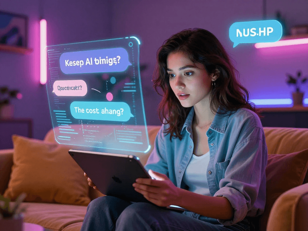 Engaging woman exploring nsfw ai chat interface in a neon-lit room, showcasing digital interaction.