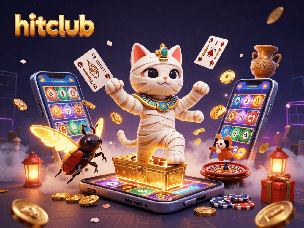 Hitclub's vibrant illustration shows a mummy cat in a dazzling casino, amidst glowing game symbols.