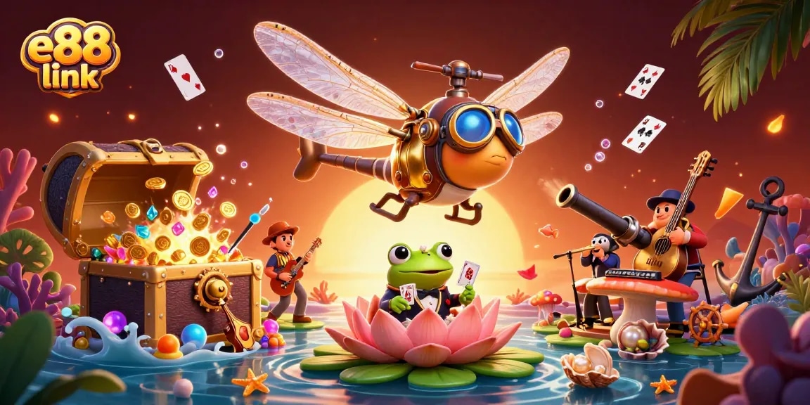 Experience thrilling gameplay at e88 link with cartoon dragonfly pilot and frog croupier in a vibrant casino scene.