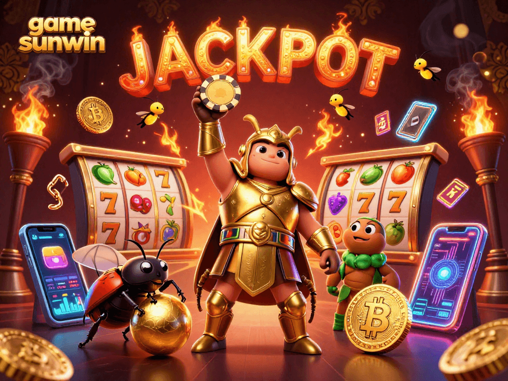 Experience the excitement of game sunwin with vibrant characters and slots in this electric 3D scene.