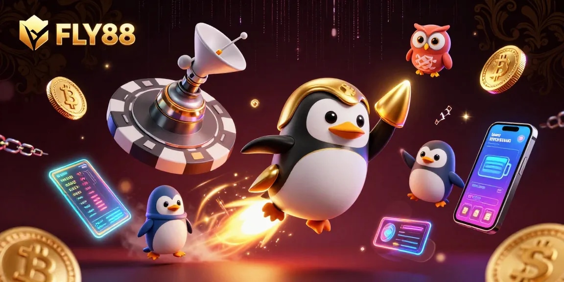 Fly88 offers a lively casino scene highlighting a golden penguin in space with crypto coins.