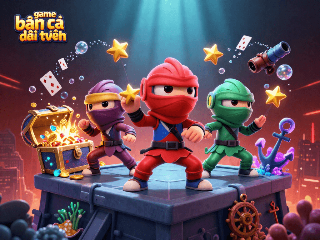 Engage in the thrilling game bắn cá đổi thưởng with vibrant ninjas and treasure in an underwater scene.