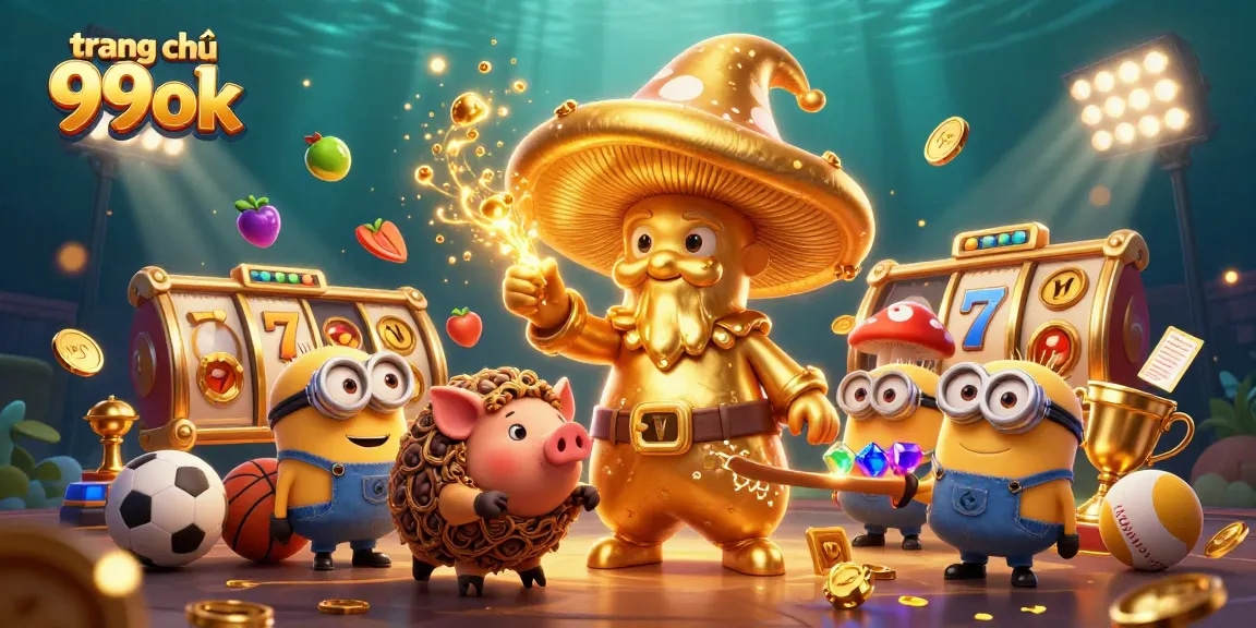 Experience an exciting illustration of trang chủ 99ok featuring a wizard, magical creatures, and casino elements.