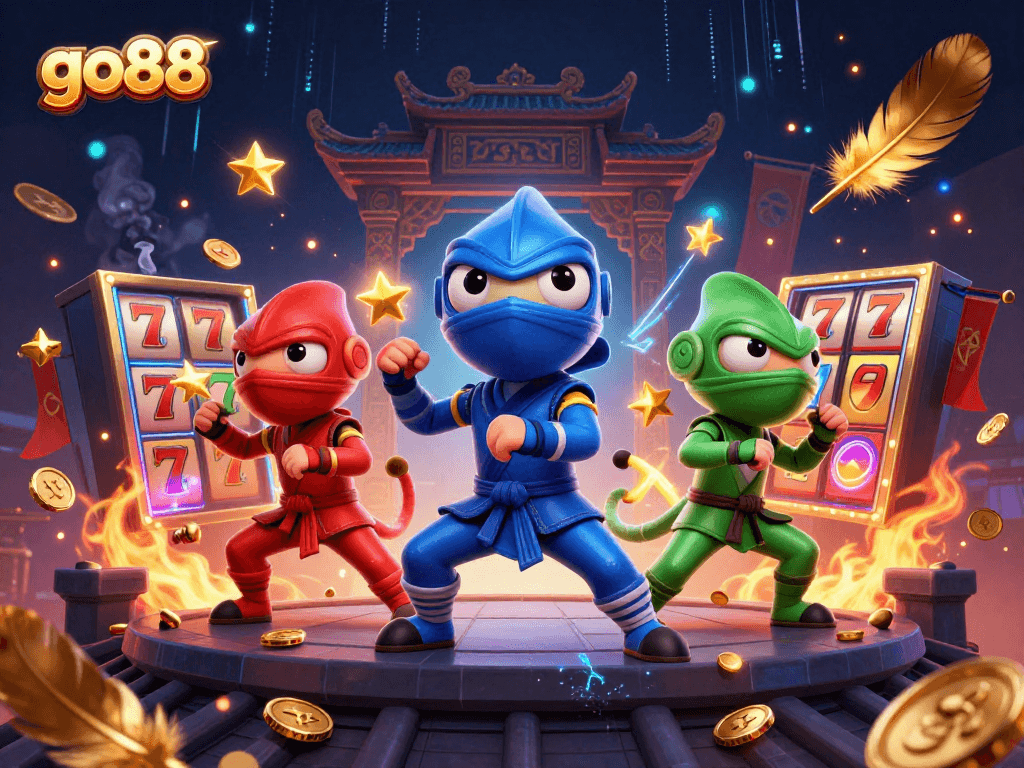 Win big with go88 in this vibrant 3D casino scene featuring ninjas and jackpot reels.