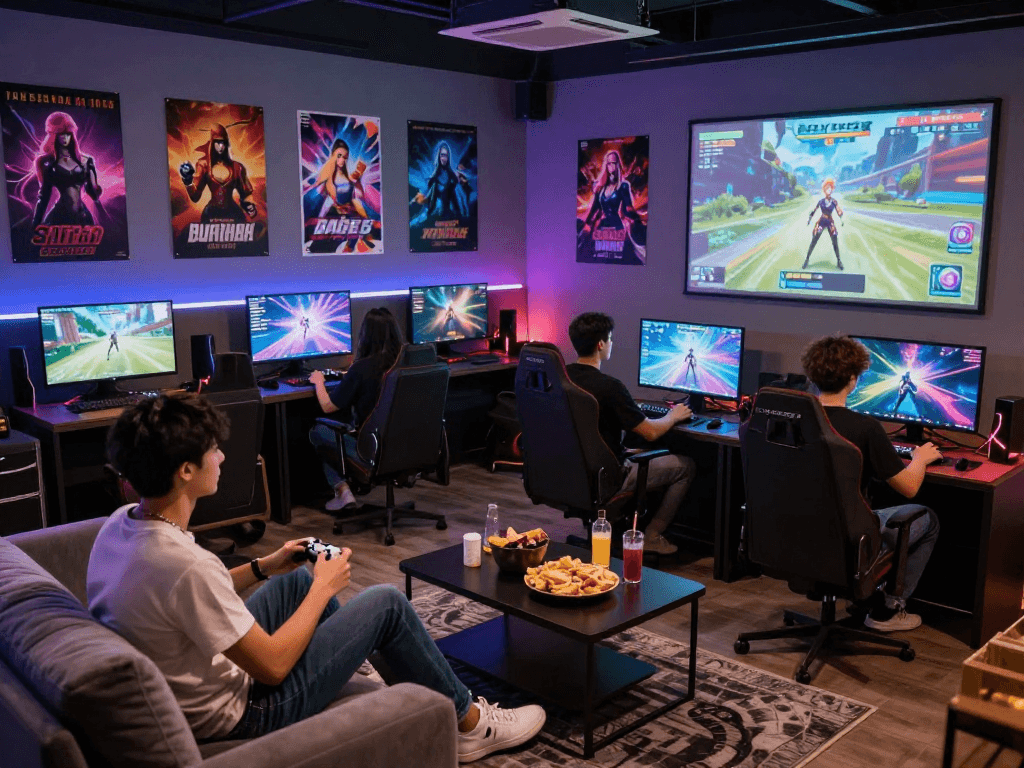 Players enjoying engaging sex games in a vibrant gaming lounge.