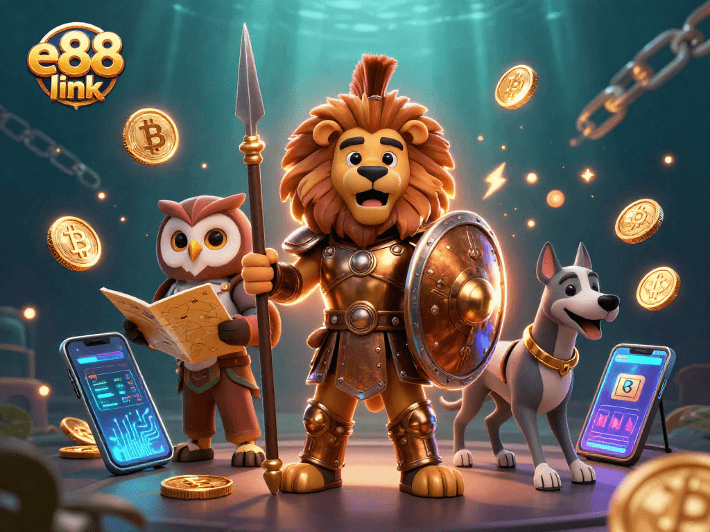 Experience thrilling gameplay at e88 link with a vibrant, dazzling 3D illustration of casino characters and crypto elements.