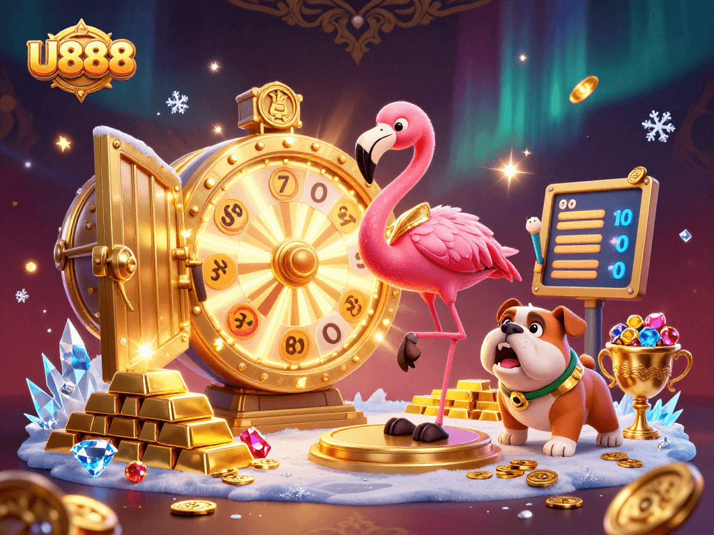 Experience exciting U888 moments with a flamingo host, a bulldog contestant, and dazzling casino elements.