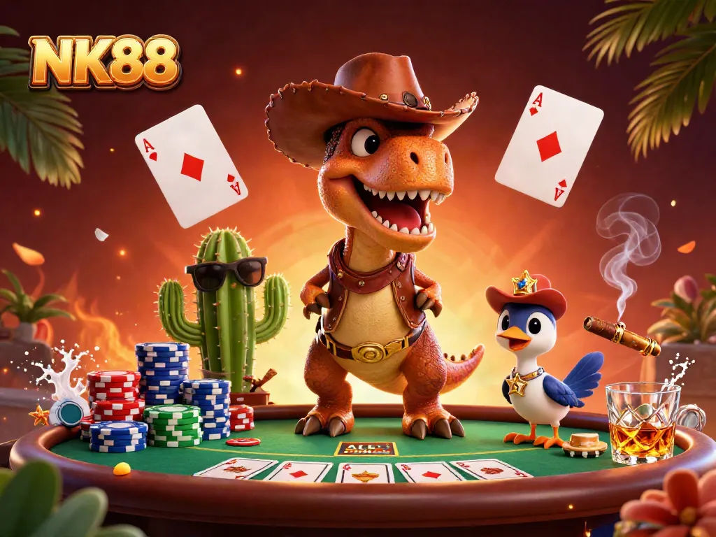 Experience the excitement with NK88 at a dynamic poker scene featuring a dinosaur and friends.