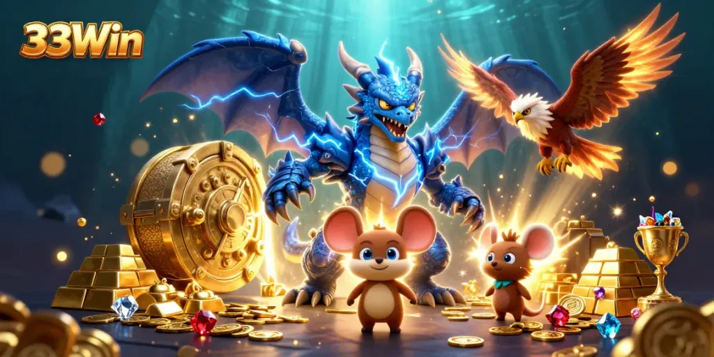 Celebrate wins at 33Win with a thrilling 3D casino illustration capturing vibrant characters and treasures.