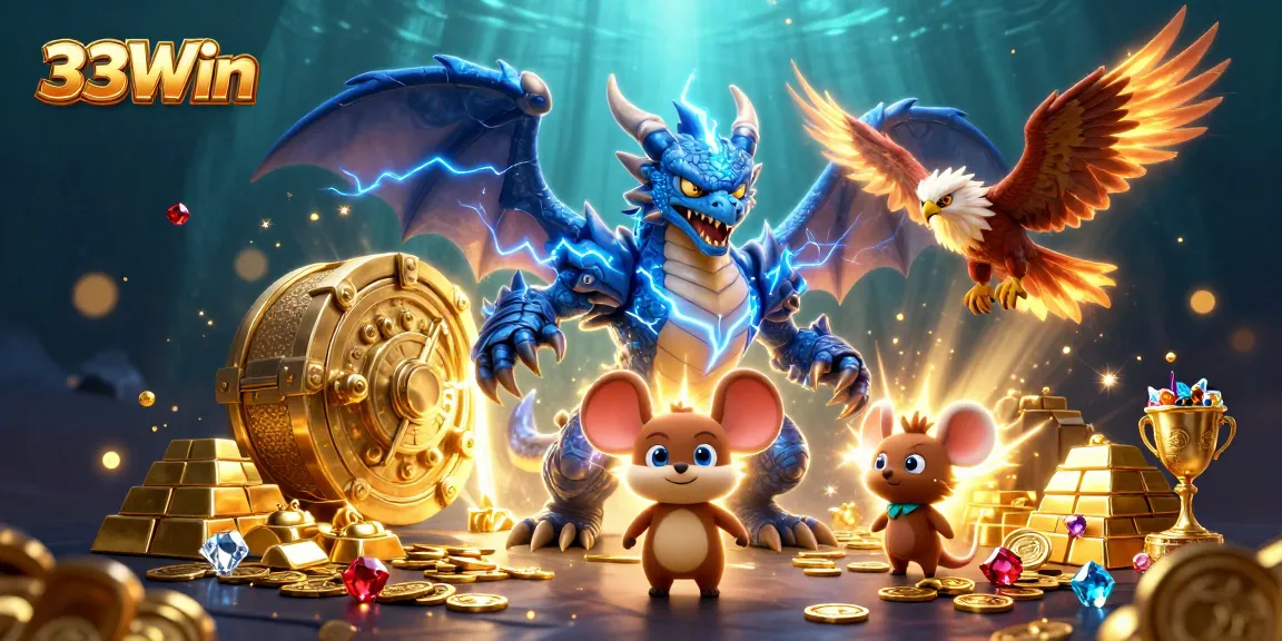 Celebrate wins at 33Win with a thrilling 3D casino illustration capturing vibrant characters and treasures.