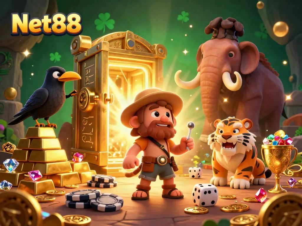Engage with Net88 in a vibrant 3D casino scene with a caveman and tiger duo amidst treasures and games.