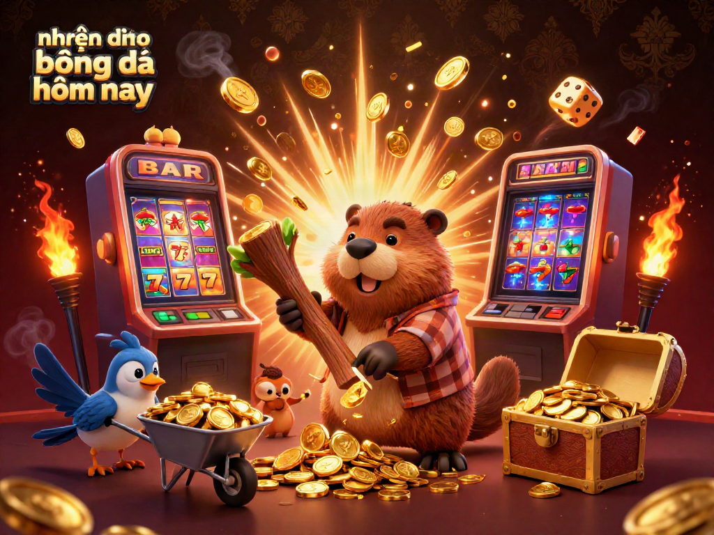 Engage with nhận định kèo bóng đá hôm nay through a vibrant 3D scene depicting a cheerful beaver collecting golden coins in a casino fantasy.