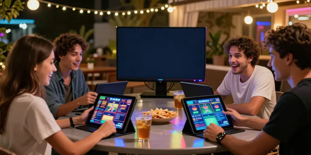 Group enjoying the DA88 gaming experience with tablets and lively atmosphere