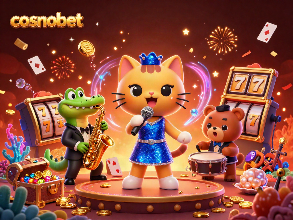Experience the thrill of cosmobet with a jazzy casino scene featuring playful characters and vibrant elements.