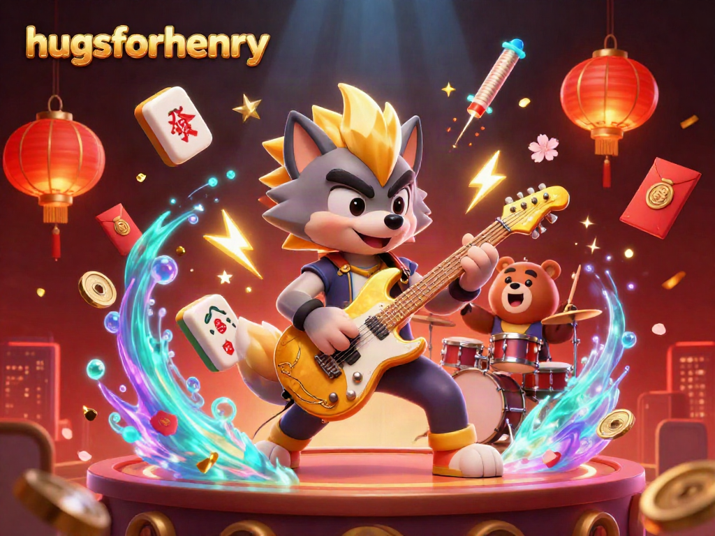 Experience excitement with hugsforhenry as a rock star wolf shreds on stage among vibrant casino elements.
