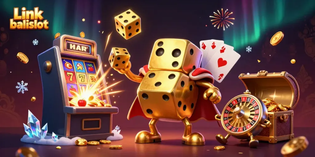 Engage with thrilling games at Link balislot featuring a dynamic scene of golden dice and bursting jackpots.