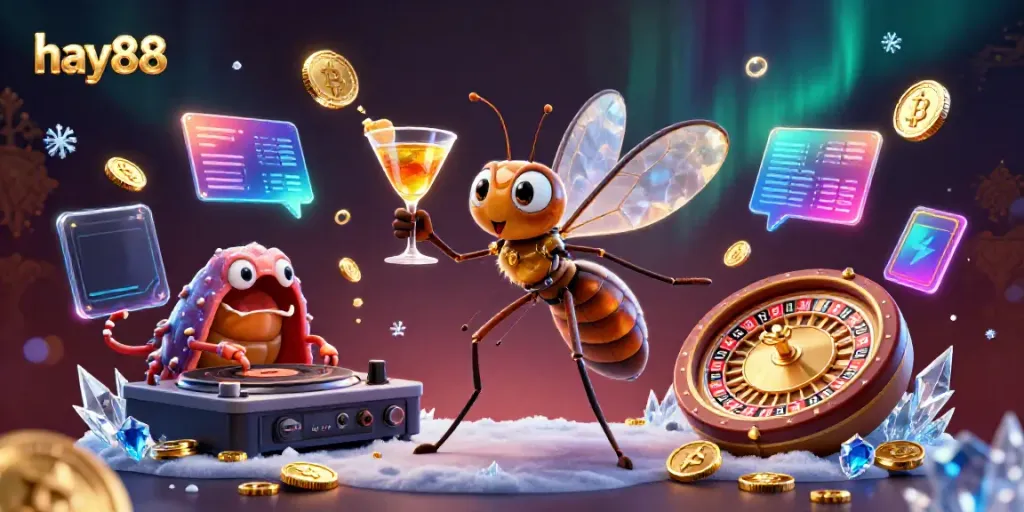 Experience exhilarating gameplay at hay88 with an animated casino scene showcasing crypto coins, a lively mascot, and an interactive atmosphere.