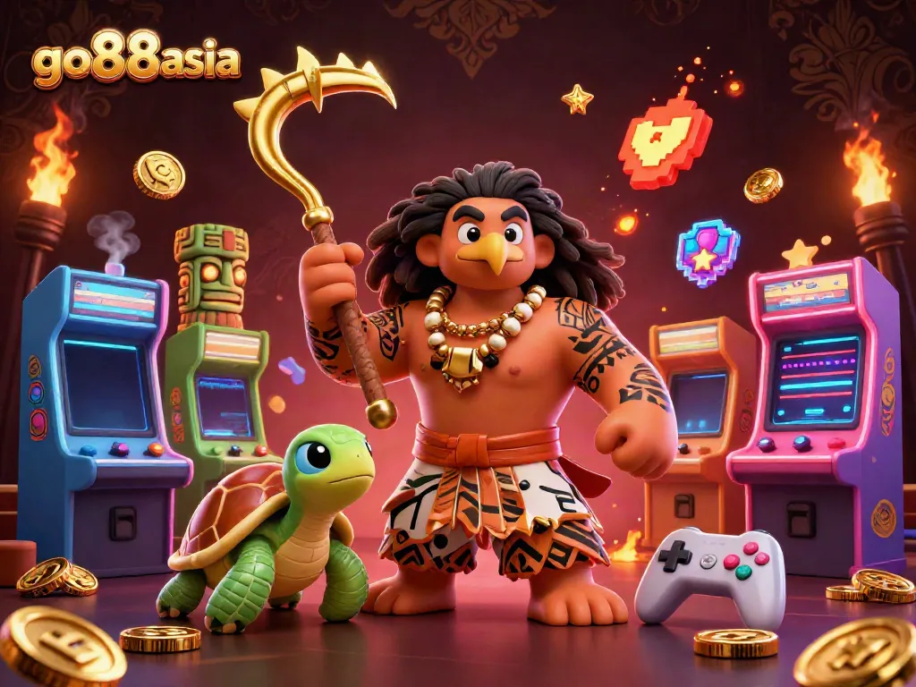 Experience the excitement of go88asia with vibrant characters and casino elements in this stunning 3D illustration.