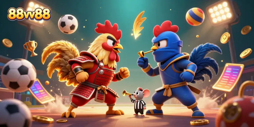 Engage with 88vv88's dynamic cartoon illustration of fighting roosters, showcasing thrilling betting action.