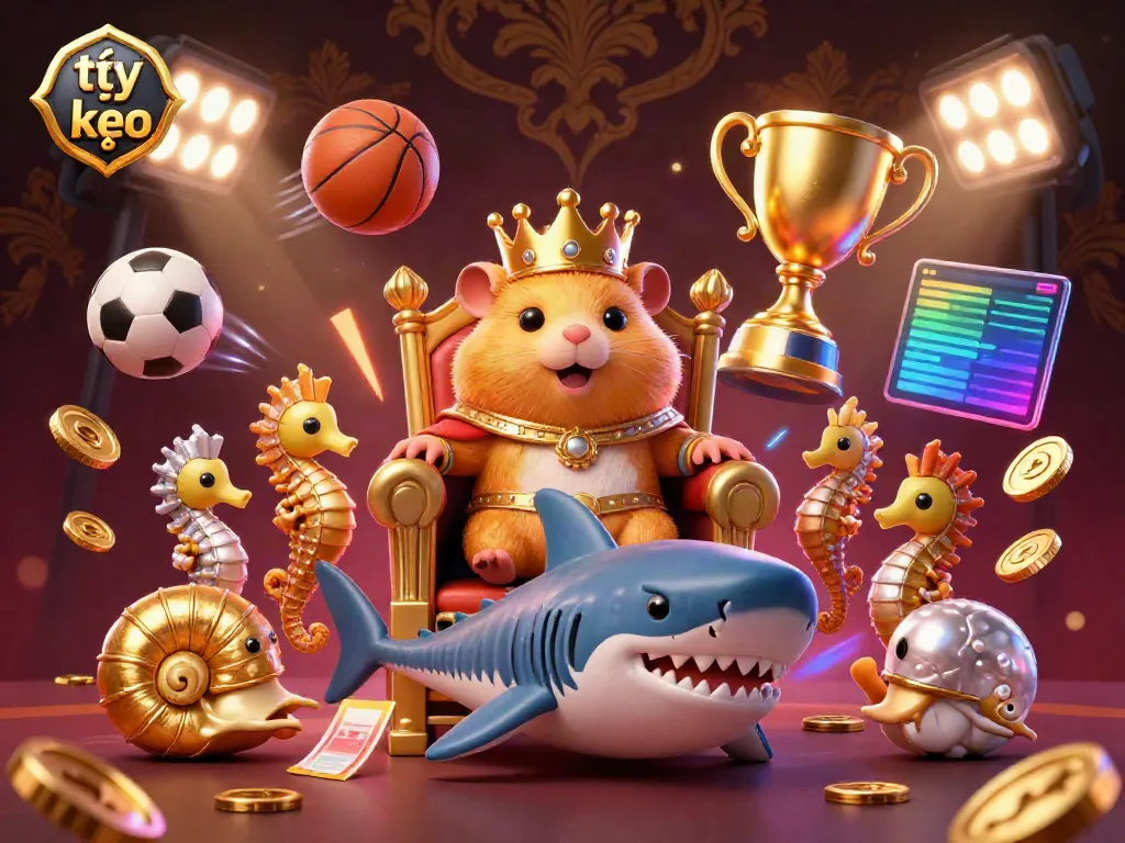Dynamic scene with tỷ lệ kèo illustrated through a fierce hamster king on a megalodon throne amid vibrant sports elements.