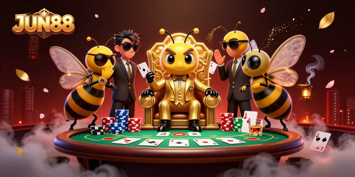 Join the thrilling action at JUN88 casino with a charismatic bumblebee mob boss surrounded by poker excitement.