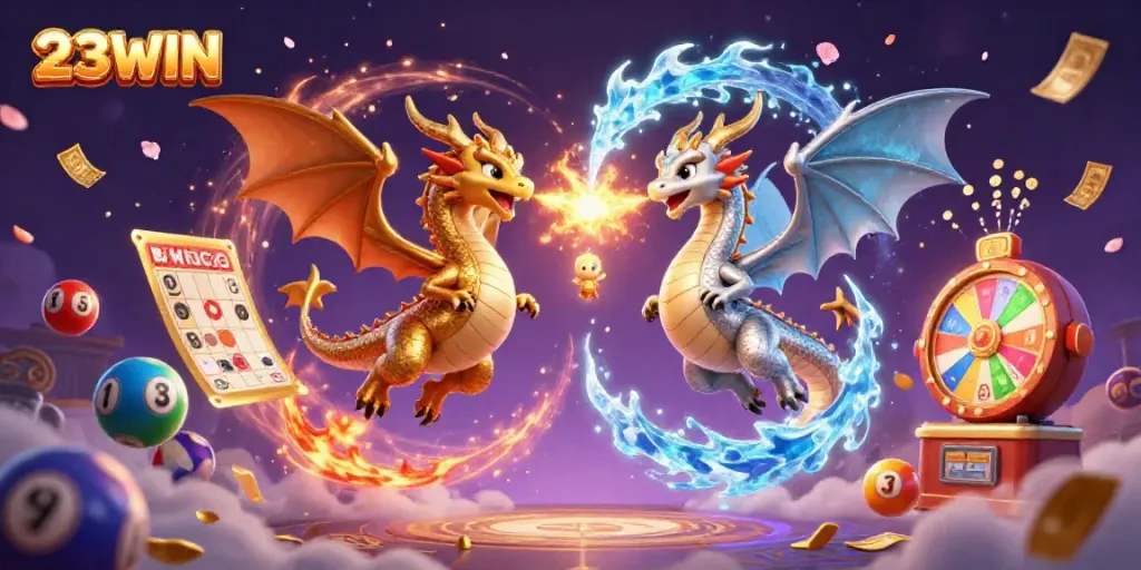 Experience dynamic exhilaration with 23WIN as cartoon dragons unleash fire and ice in this vibrant casino scene.