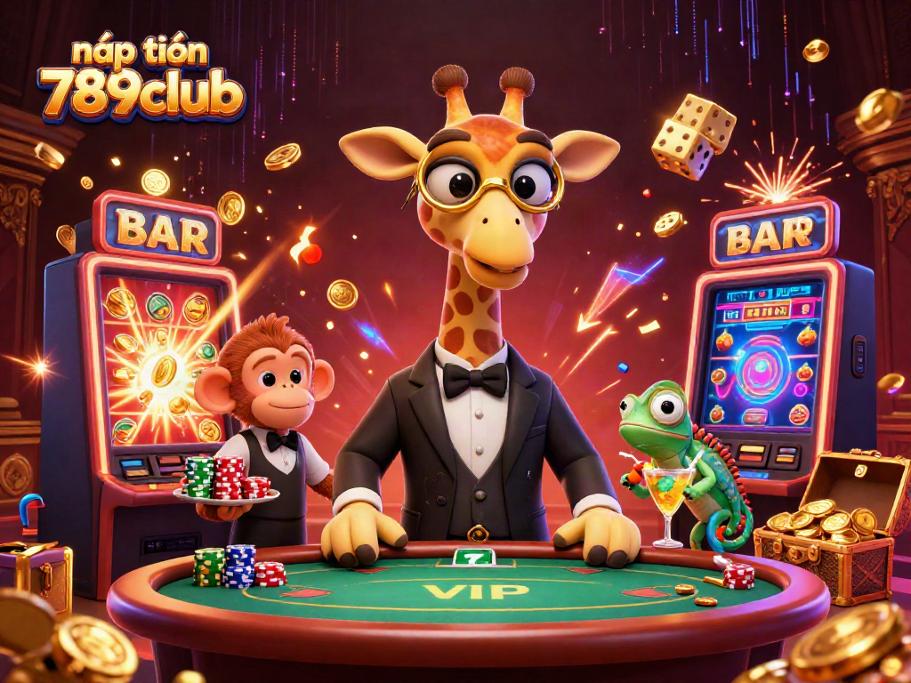 Nạp tiền 789club with vibrant gaming characters and energetic slot machine action, capturing casino excitement.