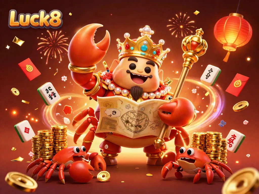 Experience engaging gameplay with Luck8's vibrant 3D illustration of a golden crab emperor amidst glowing casino elements.