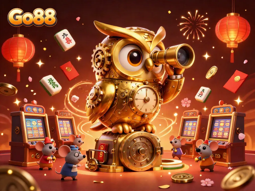 Experience thrills at Go88 with a lively 3D casino scene featuring a golden owl and festive elements.