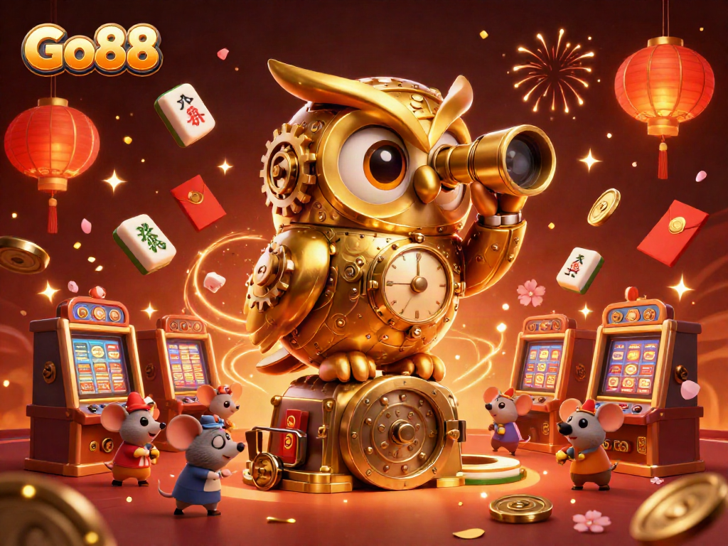 Experience thrills at Go88 with a lively 3D casino scene featuring a golden owl and festive elements.