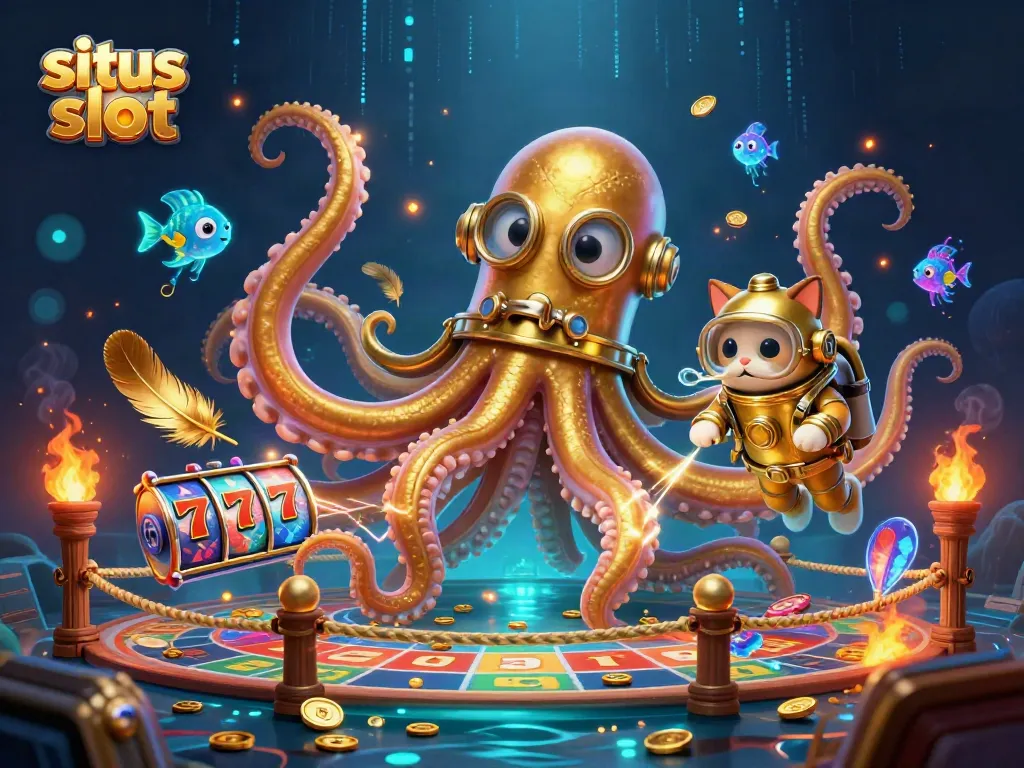 Engage in exciting gameplay at situs slot featuring vibrant slot reels and a colossal kraken illustration.