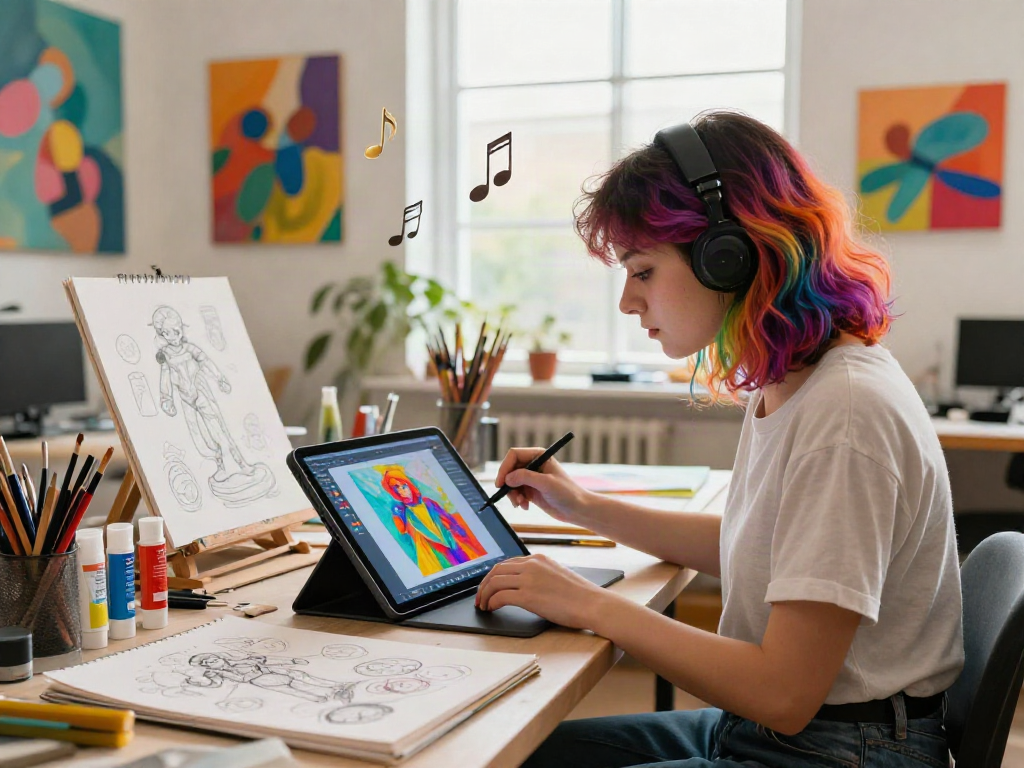 Artist using NSFW AI technology to create captivating digital art in a colorful studio.