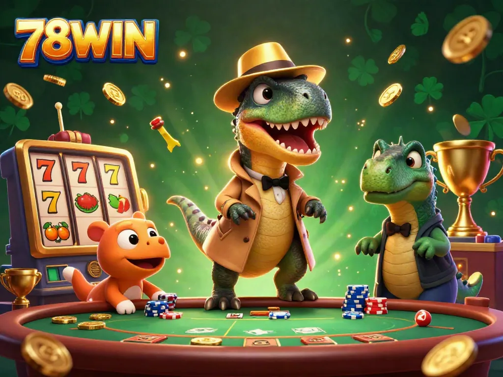 Experience the thrill of 78WIN with a velociraptor and stegosaurus at a vibrant blackjack table, surrounded by engaging slot game elements.