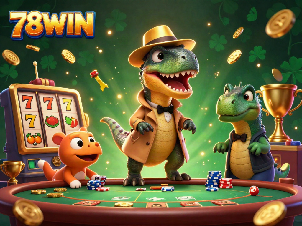 Experience the thrill of 78WIN with a velociraptor and stegosaurus at a vibrant blackjack table, surrounded by engaging slot game elements.