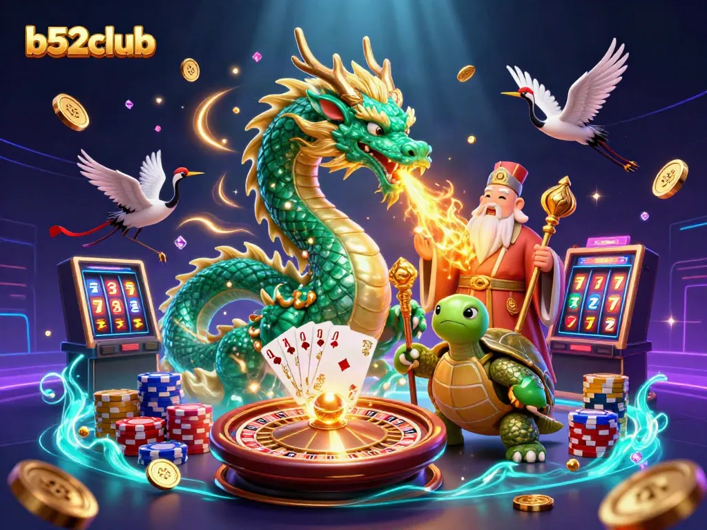 Engage with thrilling games at b52club, featuring a jade dragon and dynamic casino elements.