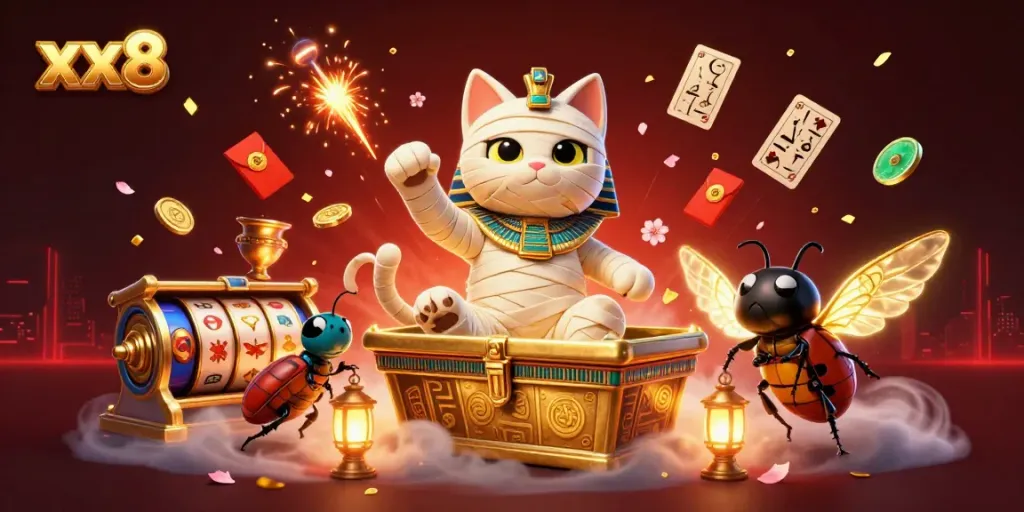 Experience thrilling casino action with the xx8 mummy cat and glowing scarab in a vibrant showdown.