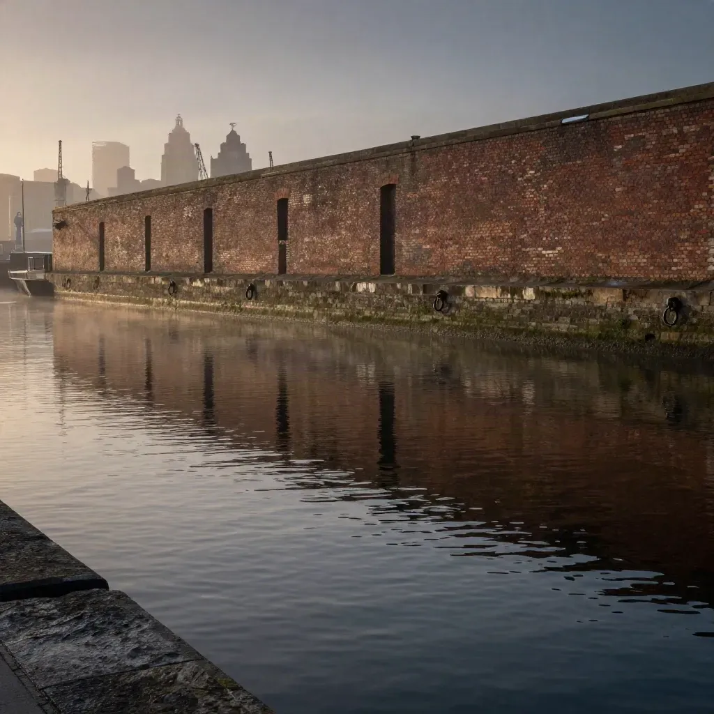 Liverpool docks and skyline in mist above calm canal water at dusk