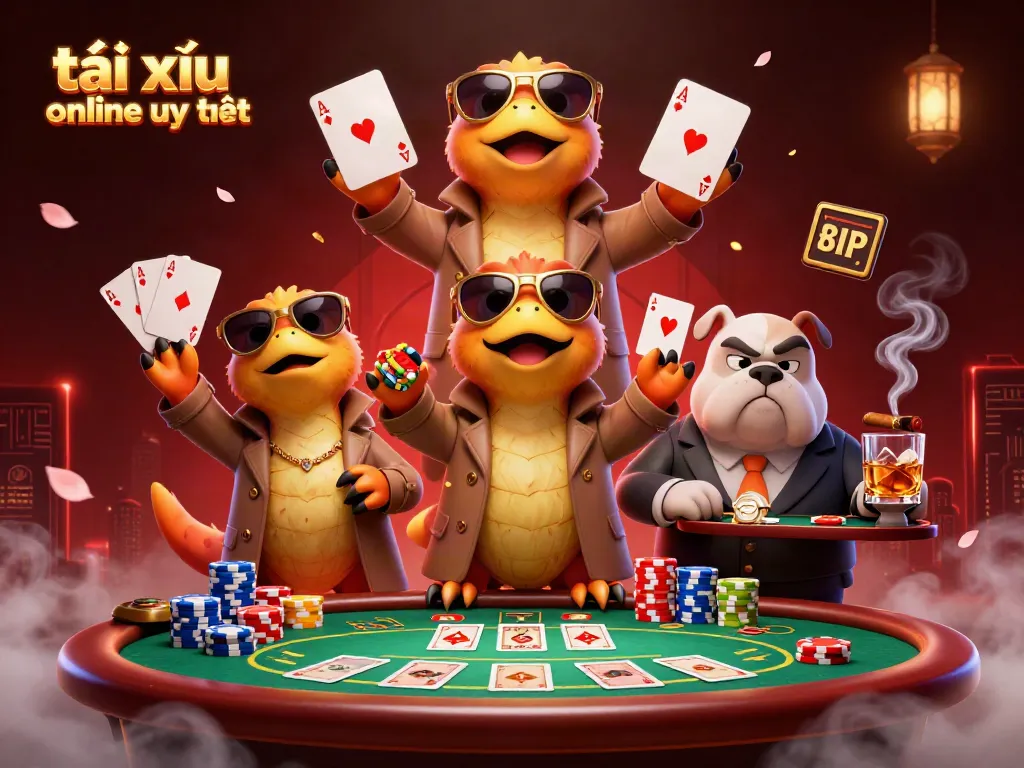 Engage with tài xỉu online uy tín at a bustling casino lounge, featuring playful raptors and vivid gaming elements.