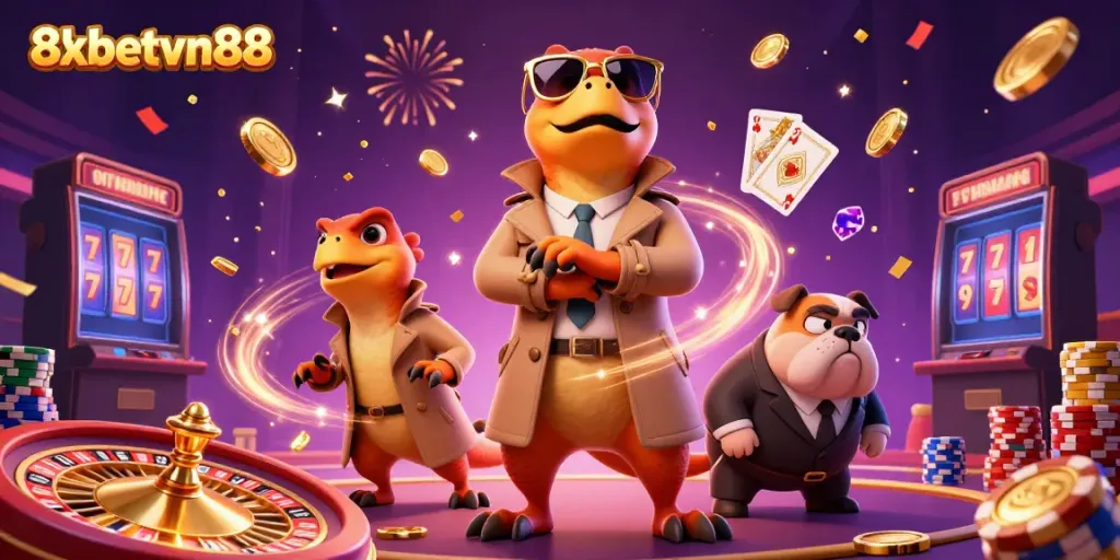 Join the fun with 8xbetvn88 as raptors sneak into a VIP casino lounge amidst cascading coins and gems!