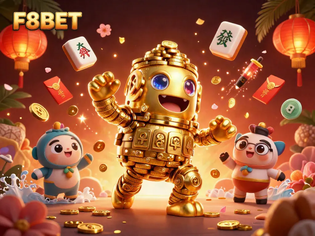 Experience F8BET gaming with a golden coin golem, rich game elements, and vibrant colors.