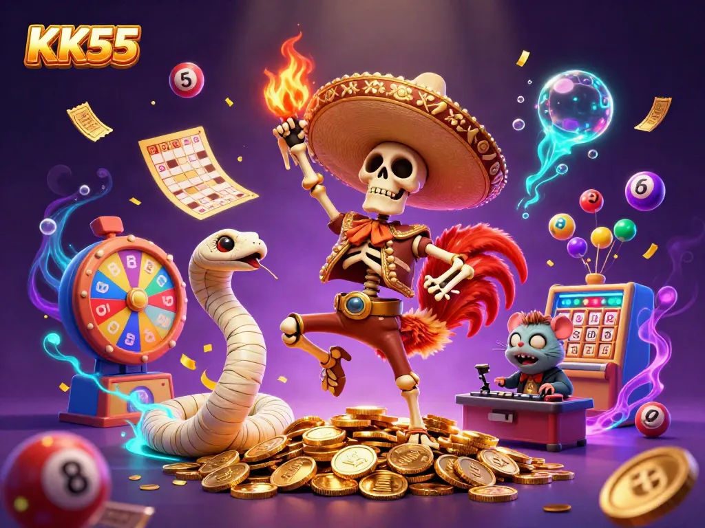 KK55's vibrant online casino scene showcases a skeleton mariachi dancing with gold coins, symbolizing excitement in gaming.