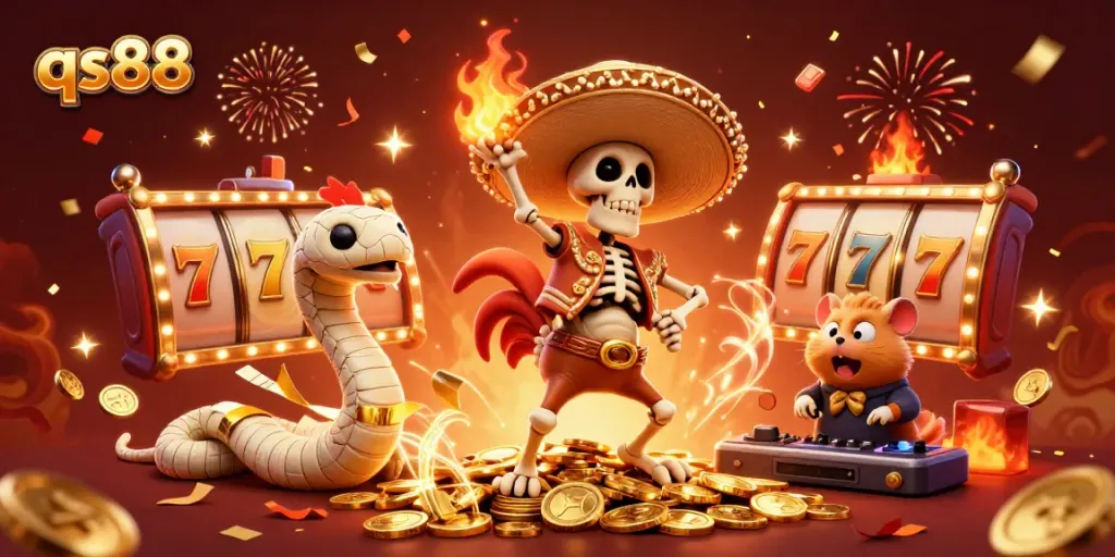 Experience exciting winning moments at qs88 with a vibrant 3D casino scene featuring lucky symbols.