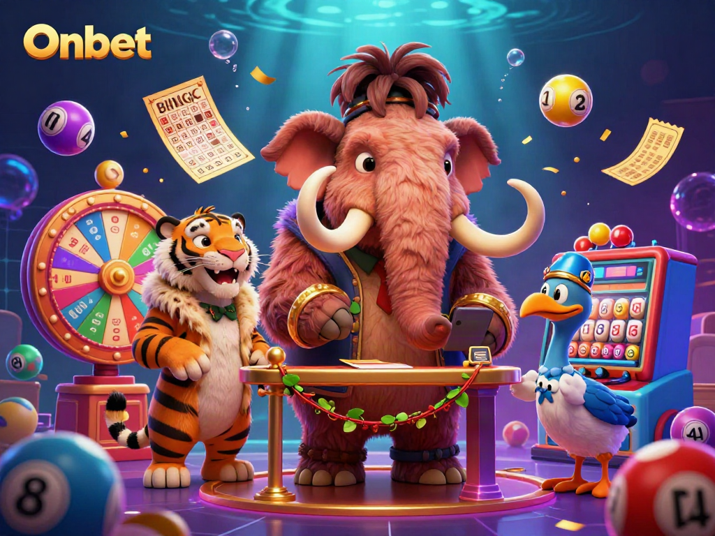 Experience Onbet's lively casino scene with a woolly mammoth bouncer, saber-tooth tiger guest, and vibrant lottery elements.