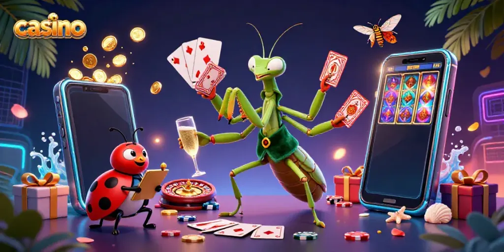 Experience a vibrant casino scene with a cartoon giant mantis dealer, ladybug pit boss, and dynamic gaming elements.