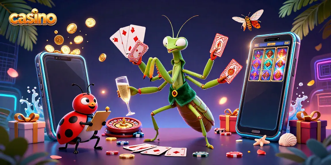 Experience a vibrant casino scene with a cartoon giant mantis dealer, ladybug pit boss, and dynamic gaming elements.