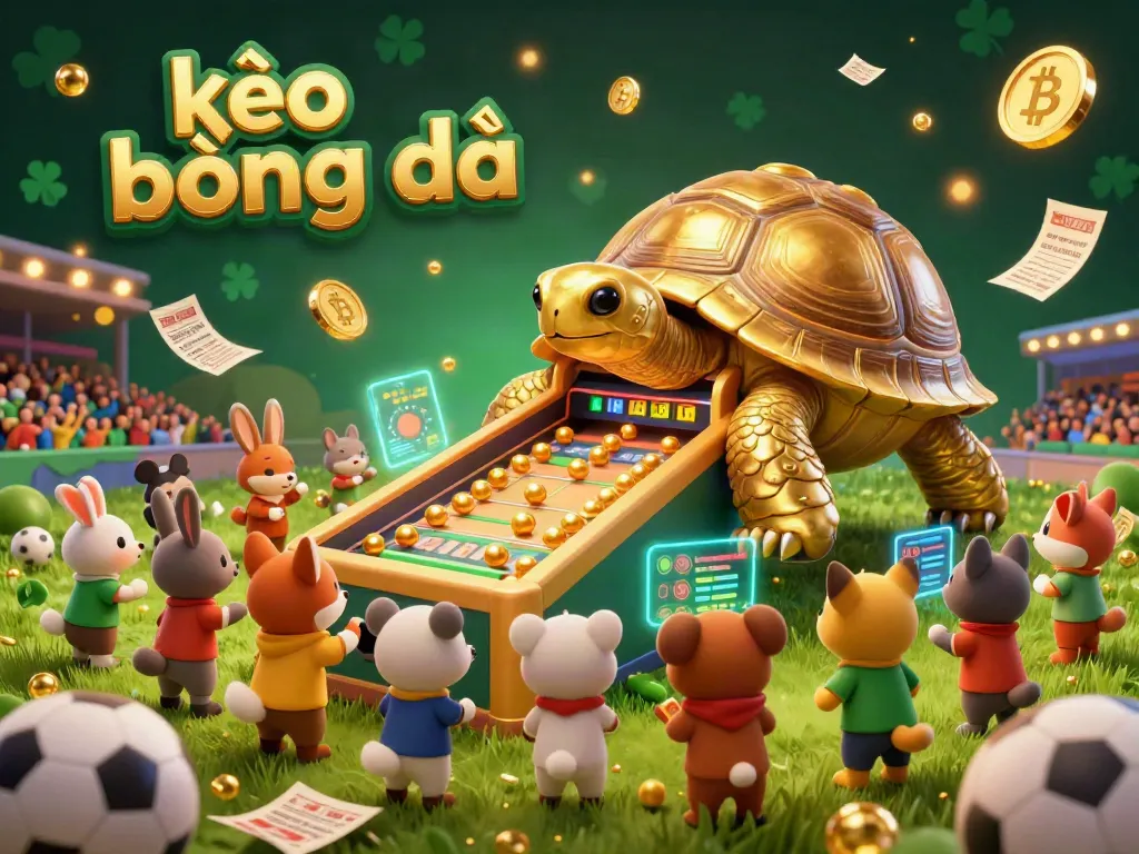 Engage with kèo bóng đá in this vibrant 3D sports betting illustration featuring a golden tortoise pinball machine surrounded by lively gaming elements.