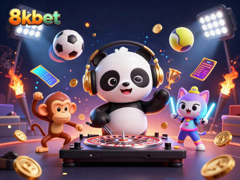 Engage in thrilling entertainment with 8kbet, showcasing vibrant cartoon characters in a dynamic casino-themed scene.