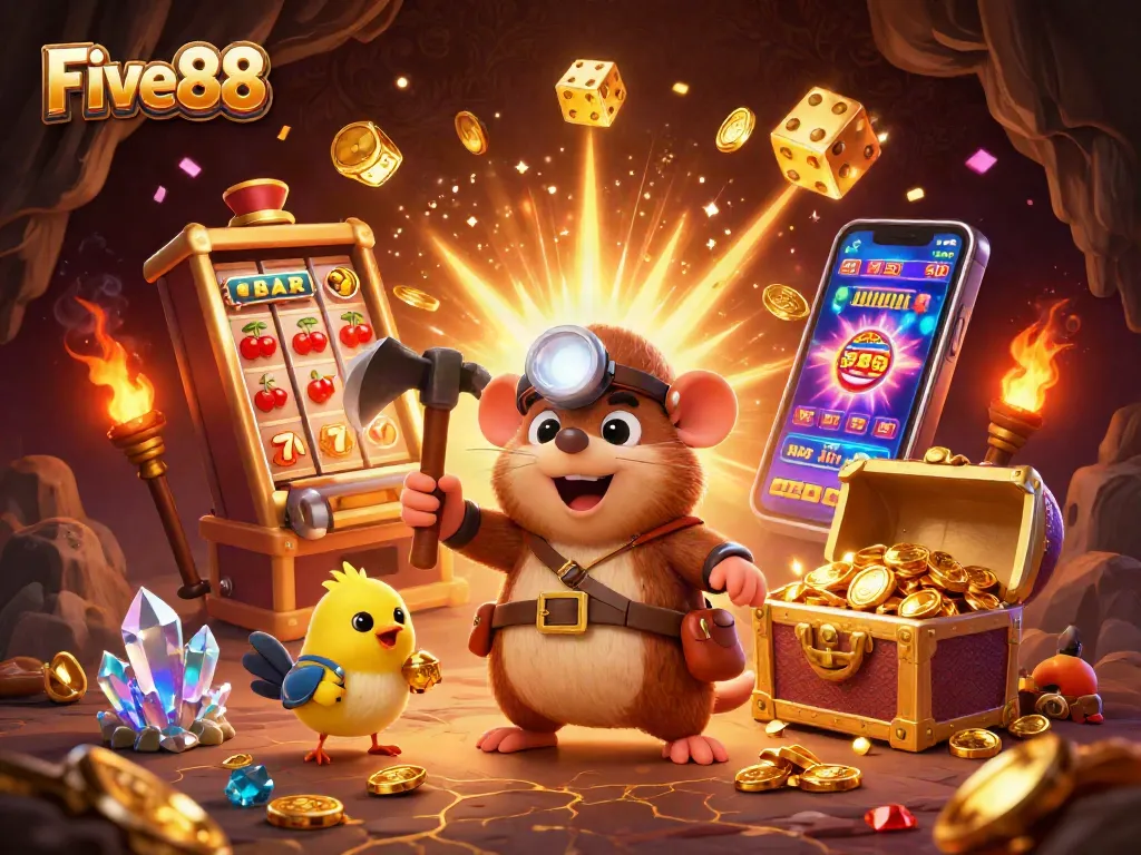 Experience exciting gameplay at Five88 with a treasure hunter mole and jackpot-rich casino elements.