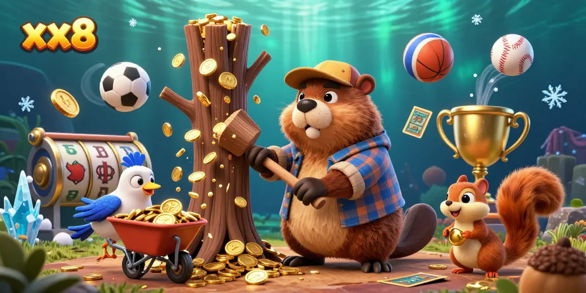 Experience the gaming excitement at xx8 with a lively scene featuring a cartoon beaver, showcasing thrilling casino elements.