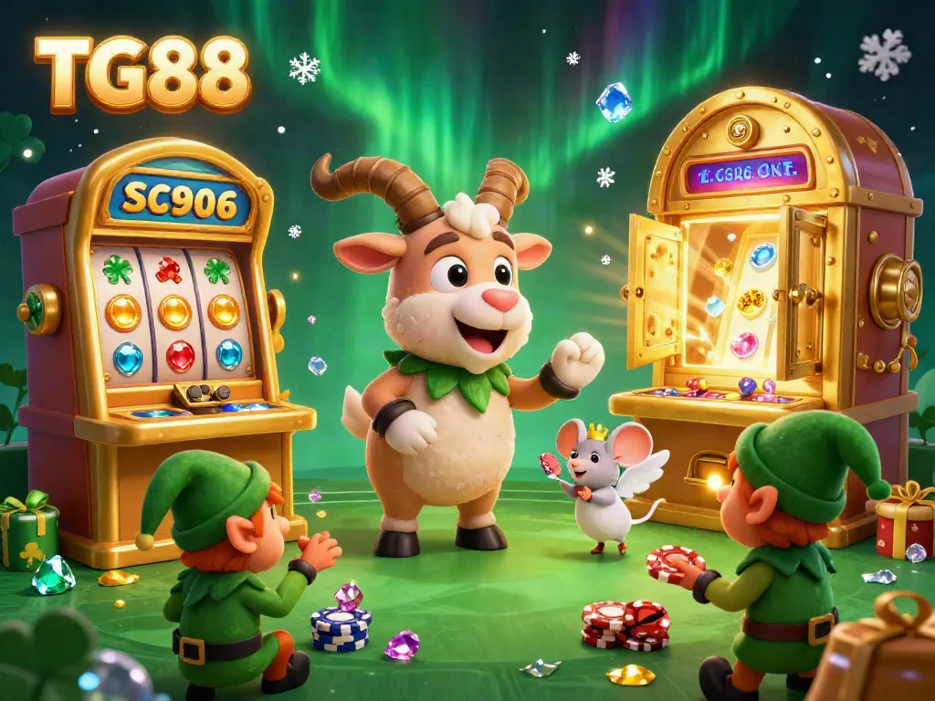 Experience the excitement of TG88 with a lively online casino scene featuring whimsical characters and jackpot thrills.